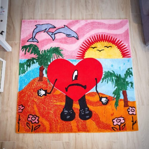 una alfombra de la portada del disco un verano sin ti de bad bunny , hecha en españa