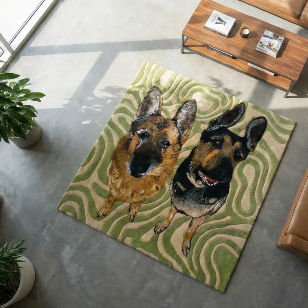 alfombra retrato textil perros pastor aleman mascotas hecha a mano españa