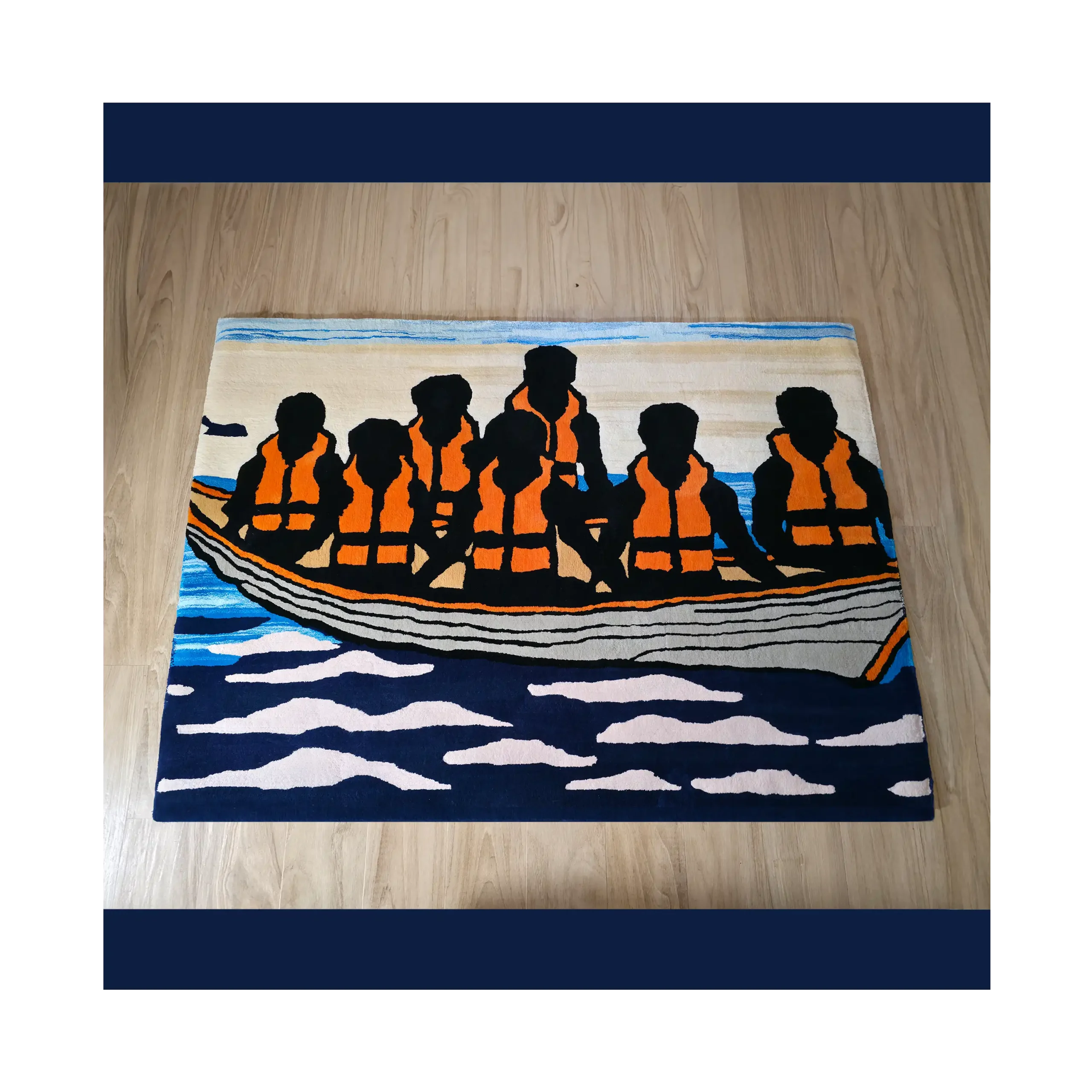 Alfombra personalizada de gran formato para exposición sobre migración